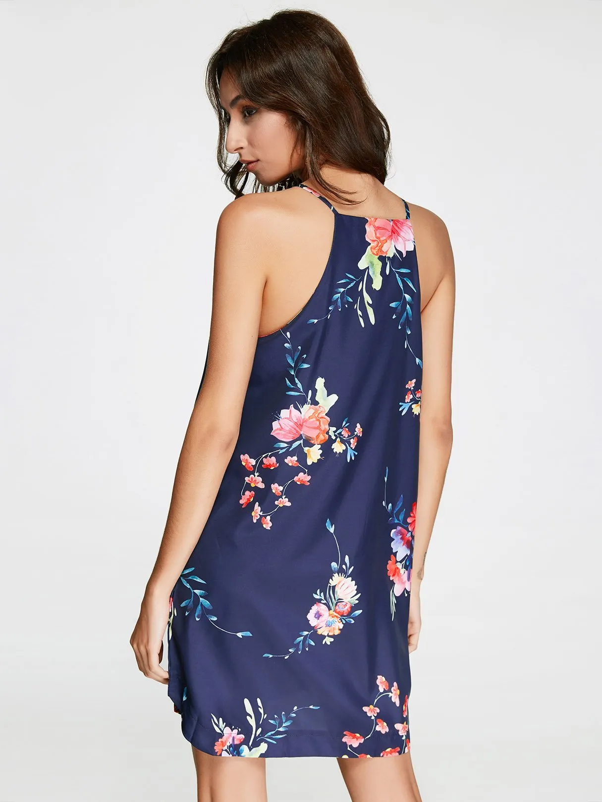 Wholesale Sleeveless Round Neck Floral Print Curved Hem Navy Dresses