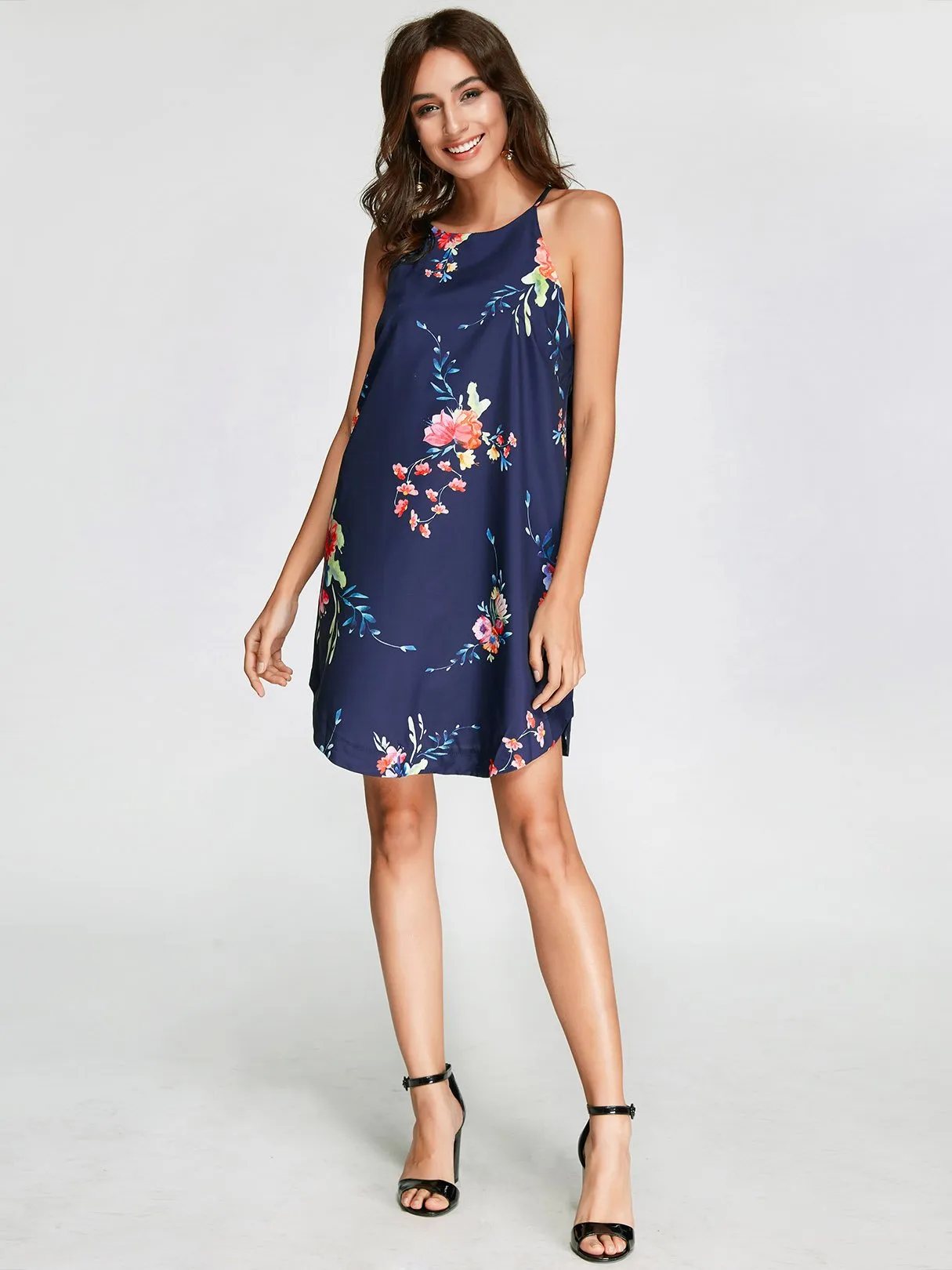 Wholesale Sleeveless Round Neck Floral Print Curved Hem Navy Dresses
