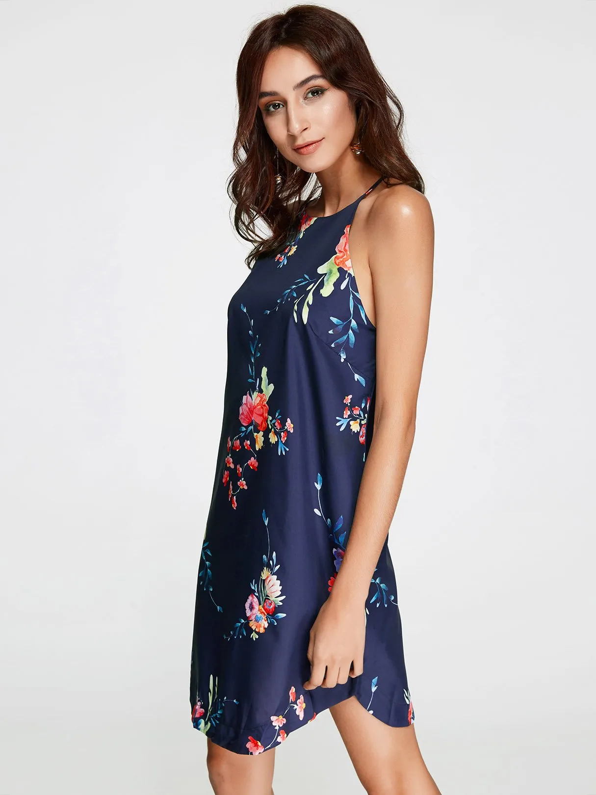 Wholesale Sleeveless Round Neck Floral Print Curved Hem Navy Dresses