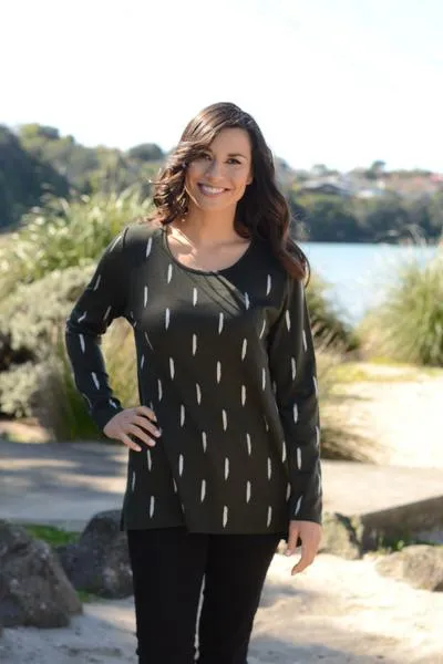 WOMEN'S 100% MERINO (210) A-LINE SCOOP LONG SLEEVE TOP DASH PRINT
