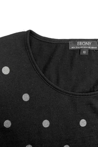 WOMEN'S 100% MERINO (210) A-LINE SCOOP LONG SLEEVE TOP SPOT PRINT BLACK & SILVER