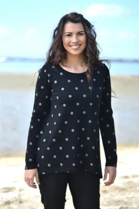 WOMEN'S 100% MERINO (210) A-LINE SCOOP LONG SLEEVE TOP SPOT PRINT BLACK & SILVER