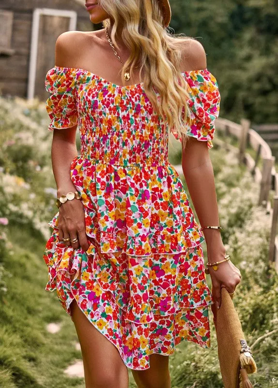 Women's Floral Wrap V-Neck Midi Dress Short Sleeve