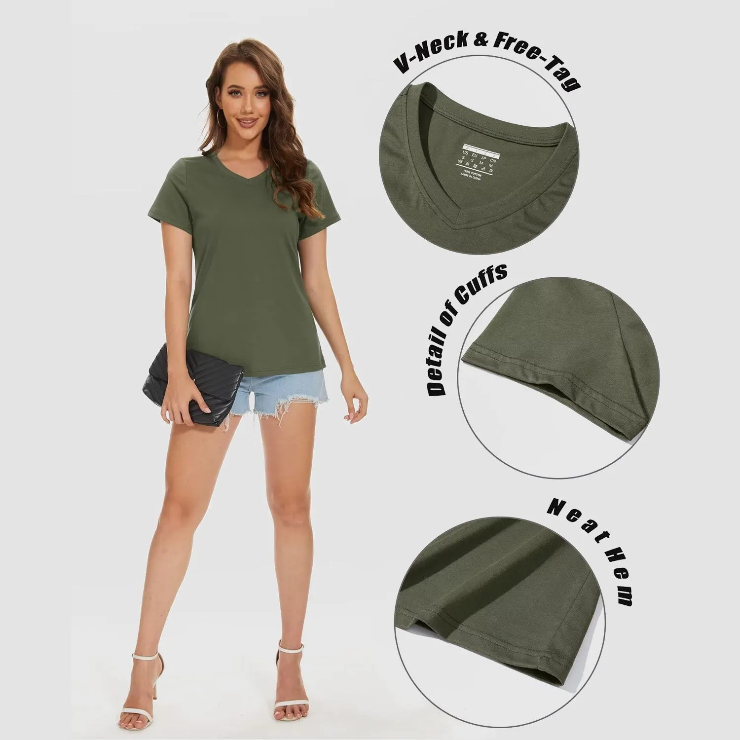Women's V-Neck T-Shirt Quick Dry Cotton Basic Top